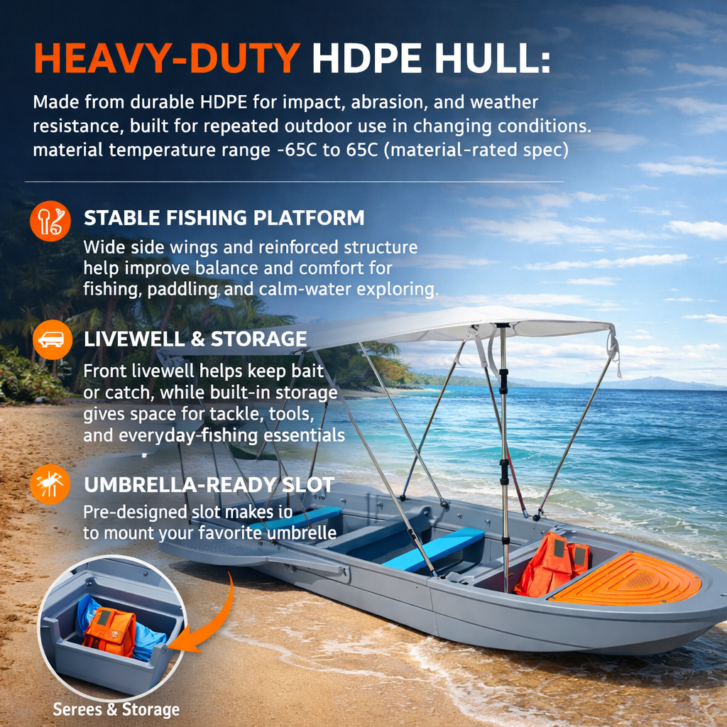 12.7 FT Modular Fishing Boat, PE Hard Hull Pontoon, 1200 lb Capacity, Up to 25HP Motor Ready, Portable Fishing Boat with Fish Box and Storage, Gray