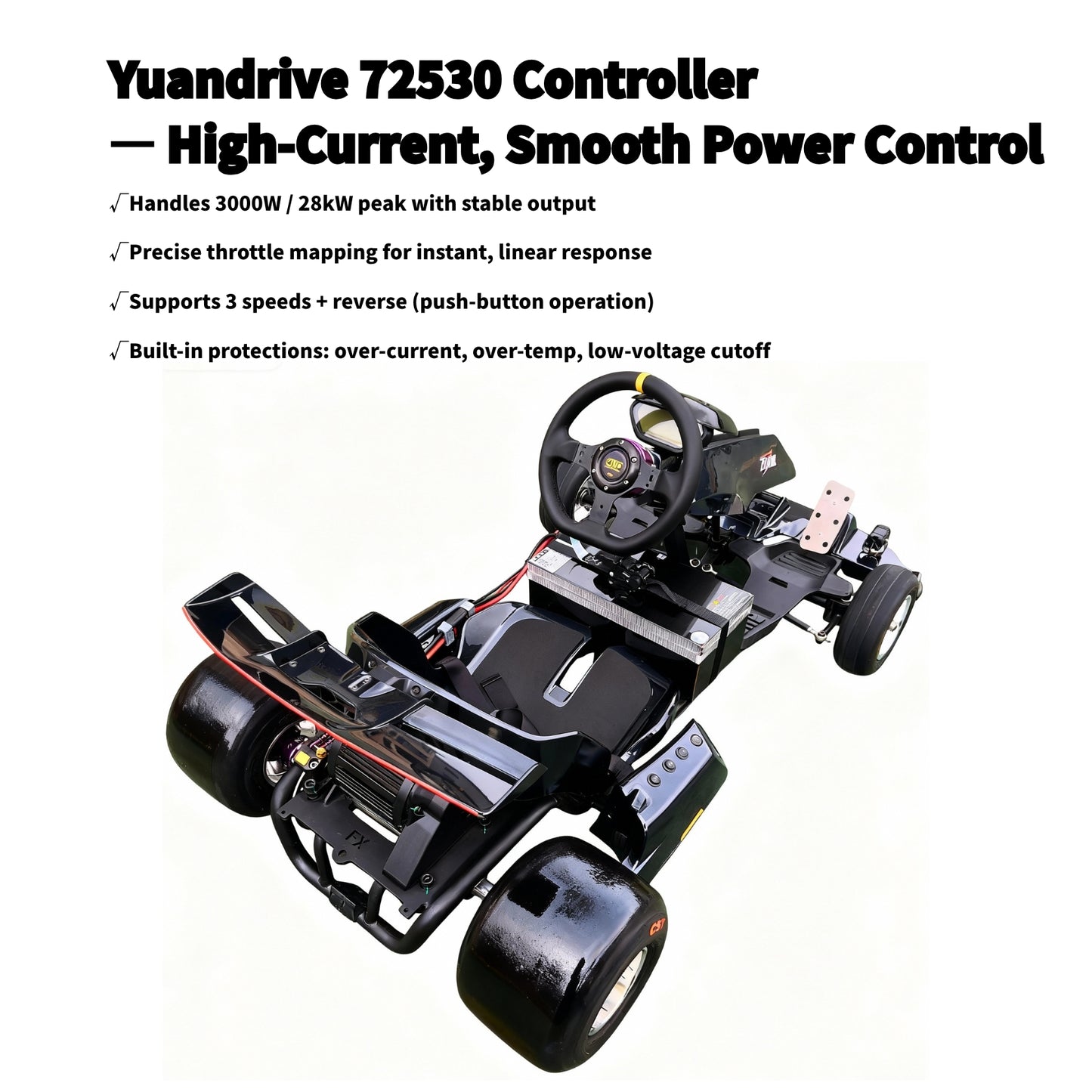 Zyliathor 3000W Mid-Mount Electric Racing Go-Kart, Peak 28kW, 18S 52Ah Battery, 72530 Controller,74.6 mph, Adjustable Chassis, 12" Quick-Release Wheel, Hydraulic Brakes, LED Display & Lights