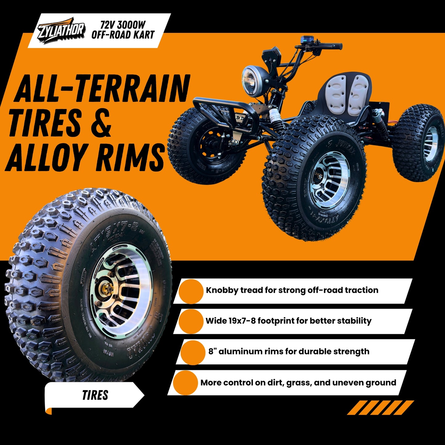 72V 3000W "Mountain Tiger"（Peak 10.8kW)Electric Off-Road Go Kart, 26Ah (37mi), 62mph, 6″/8″ AT Tires, Shaft Drive, 3-Speed+Reverse