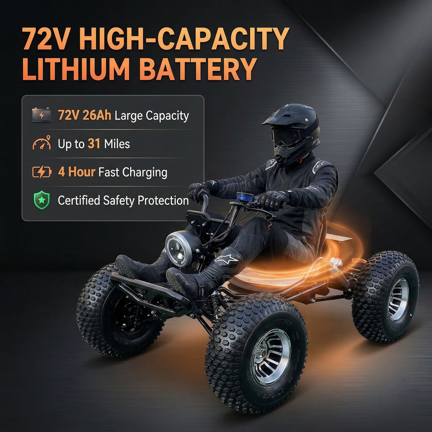 72V 3000W "Mountain Tiger"（Peak 10.8kW)Electric Off-Road Go Kart, 26Ah (37mi), 62mph, 6″/8″ AT Tires, Shaft Drive, 3-Speed+Reverse