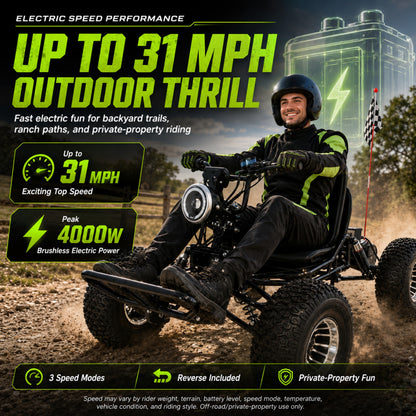 48V 20Ah Electric Off-Road Go Kart for Adults & Teens, Peak 4000W, Up to 31 MPH, 30-Mile Range