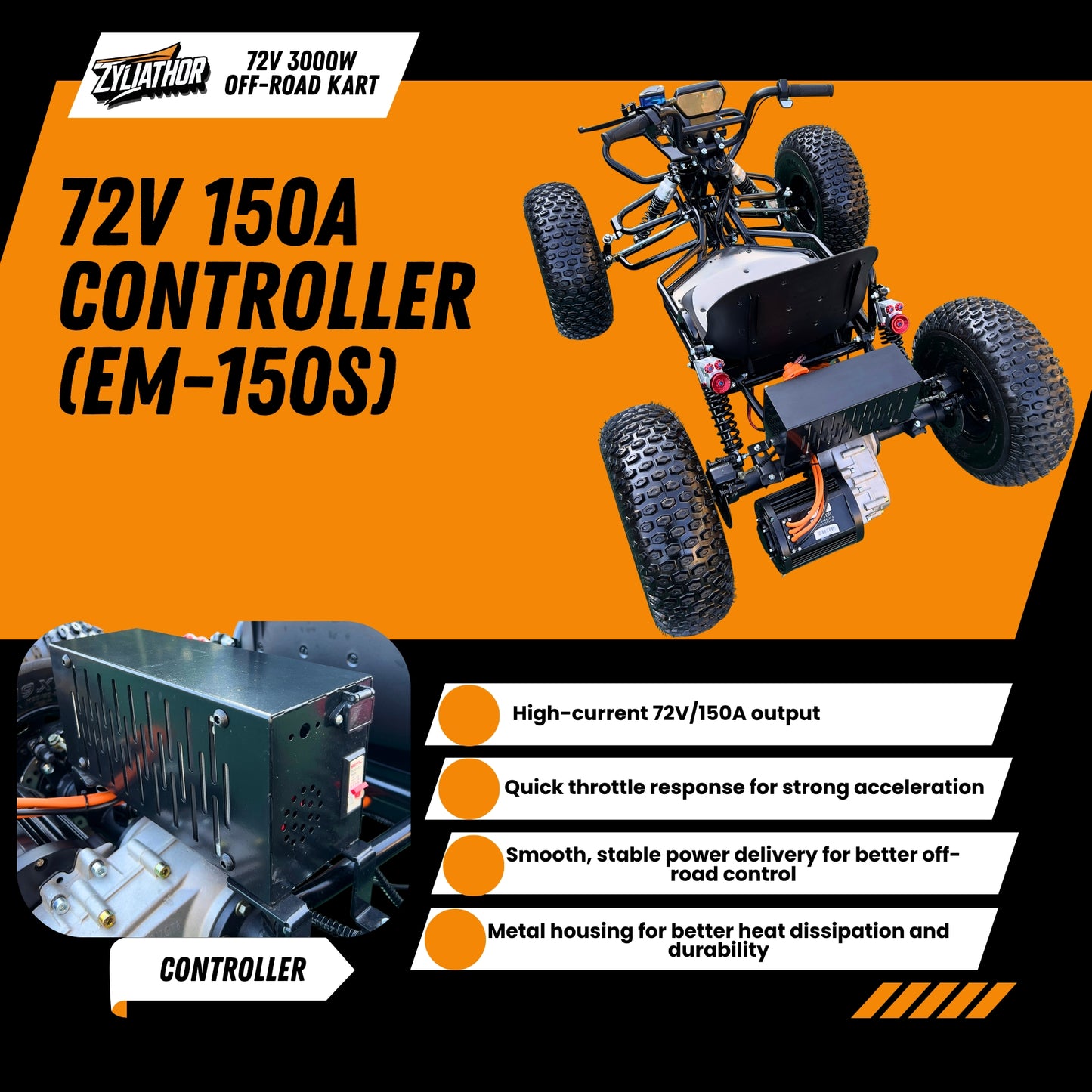 72V 3000W "Mountain Tiger"（Peak 10.8kW)Electric Off-Road Go Kart, 26Ah (37mi), 62mph, 6″/8″ AT Tires, Shaft Drive, 3-Speed+Reverse