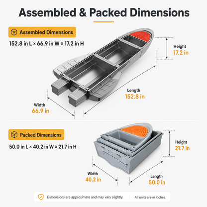 12.7 FT Modular Fishing Boat, PE Hard Hull Pontoon, 1200 lb Capacity, Up to 25HP Motor Ready, Portable Fishing Boat with Fish Box and Storage, Gray