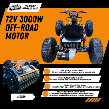 72V 3000W "Mountain Tiger"（Peak 10.8kW)Electric Off-Road Go Kart, 26Ah (37mi), 62mph, 6″/8″ AT Tires, Shaft Drive, 3-Speed+Reverse