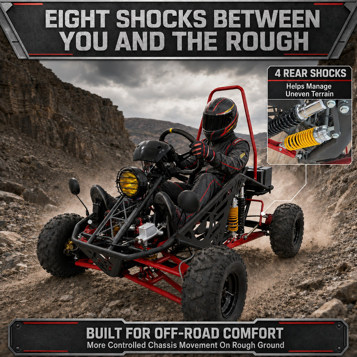 72V 3000W Off-Road Go Kart, 52Ah Shaft Drive Diff, 8 Shocks, 50 MPH, 40-Mile Range
