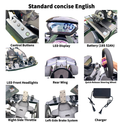 Zyliathor 3000W Mid-Mount Electric Racing Go-Kart, Peak 28kW, 18S 52Ah Battery, 72530 Controller,74.6 mph, Adjustable Chassis, 12" Quick-Release Wheel, Hydraulic Brakes, LED Display & Lights