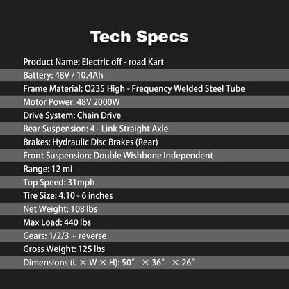 Adult & Kids Electric Go Kart,2000W Brushless,31MPH,Up to 12 miles, 3 Speed + Reverse, Hydraulic Disc Brake, 6" All-Terrain Tires, 440 lb, Off-Road Kart for Backyard & Private Property Trails (Black)