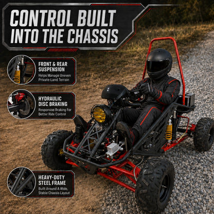 72V 3000W Off-Road Go Kart, 52Ah Shaft Drive Diff, 8 Shocks, 50 MPH, 40-Mile Range