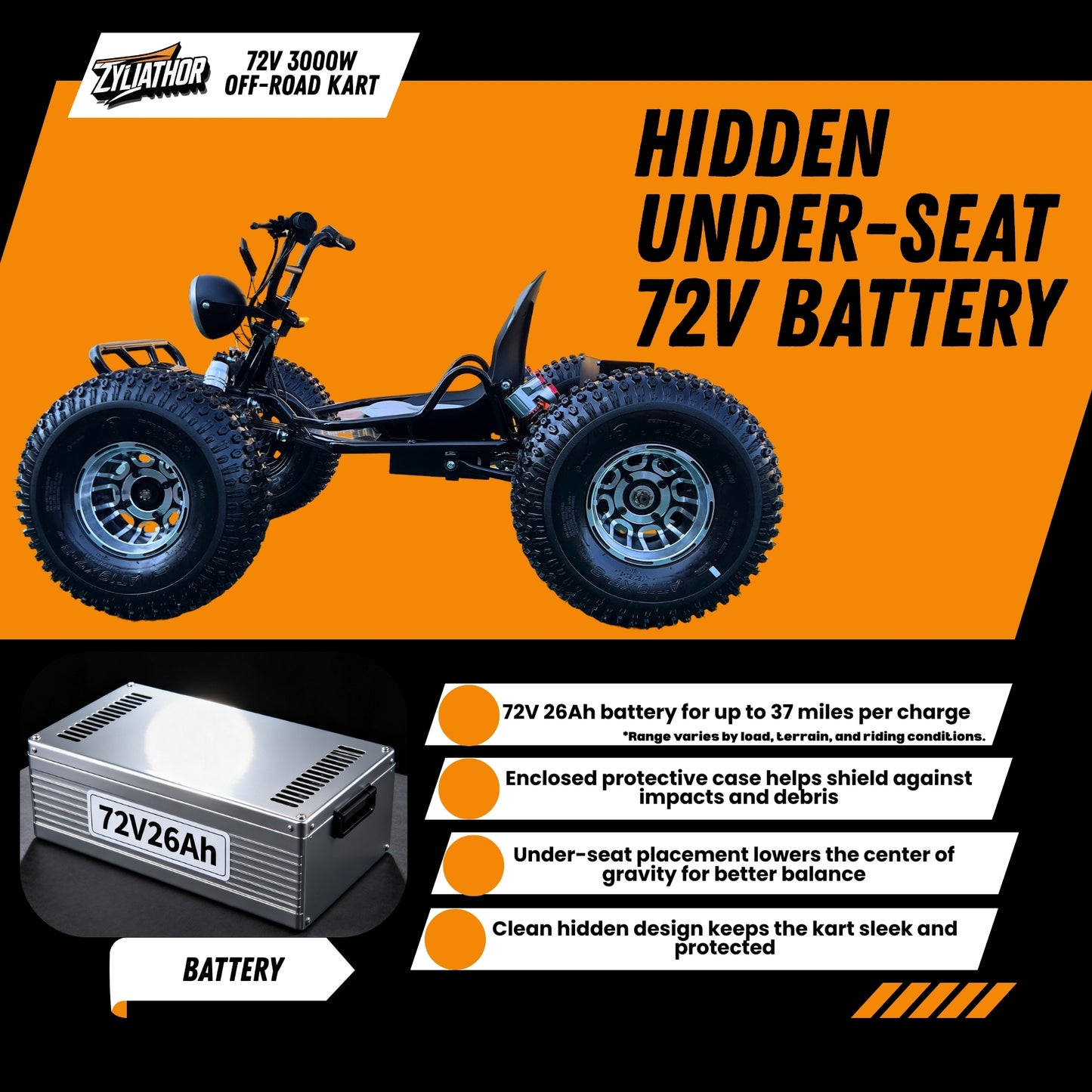 72V 3000W "Mountain Tiger"（Peak 10.8kW)Electric Off-Road Go Kart, 26Ah (37mi), 62mph, 6″/8″ AT Tires, Shaft Drive, 3-Speed+Reverse