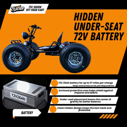 72V 3000W "Mountain Tiger"（Peak 10.8kW)Electric Off-Road Go Kart, 26Ah (37mi), 62mph, 6″/8″ AT Tires, Shaft Drive, 3-Speed+Reverse