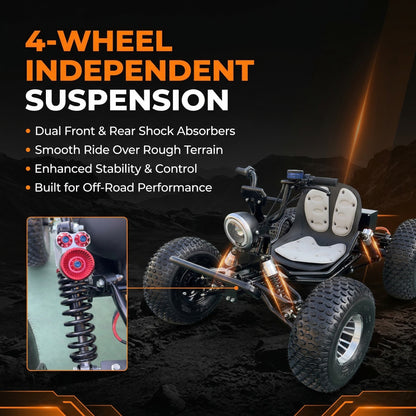 72V 3000W "Mountain Tiger"（Peak 10.8kW)Electric Off-Road Go Kart, 26Ah (37mi), 62mph, 6″/8″ AT Tires, Shaft Drive, 3-Speed+Reverse