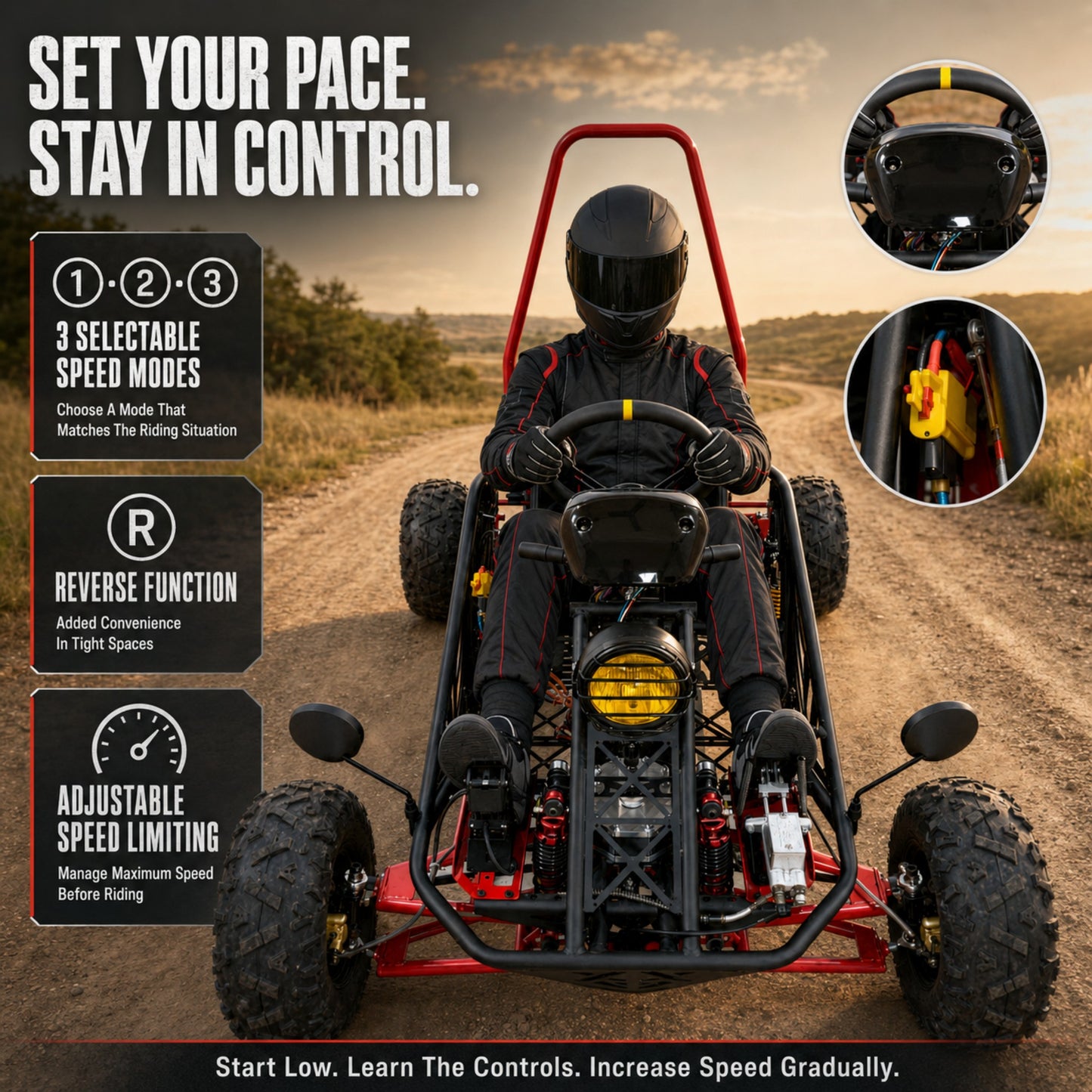 72V 3000W Off-Road Go Kart, 52Ah Shaft Drive Diff, 8 Shocks, 50 MPH, 40-Mile Range