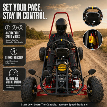 72V 3000W Off-Road Go Kart, 52Ah Shaft Drive Diff, 8 Shocks, 50 MPH, 40-Mile Range