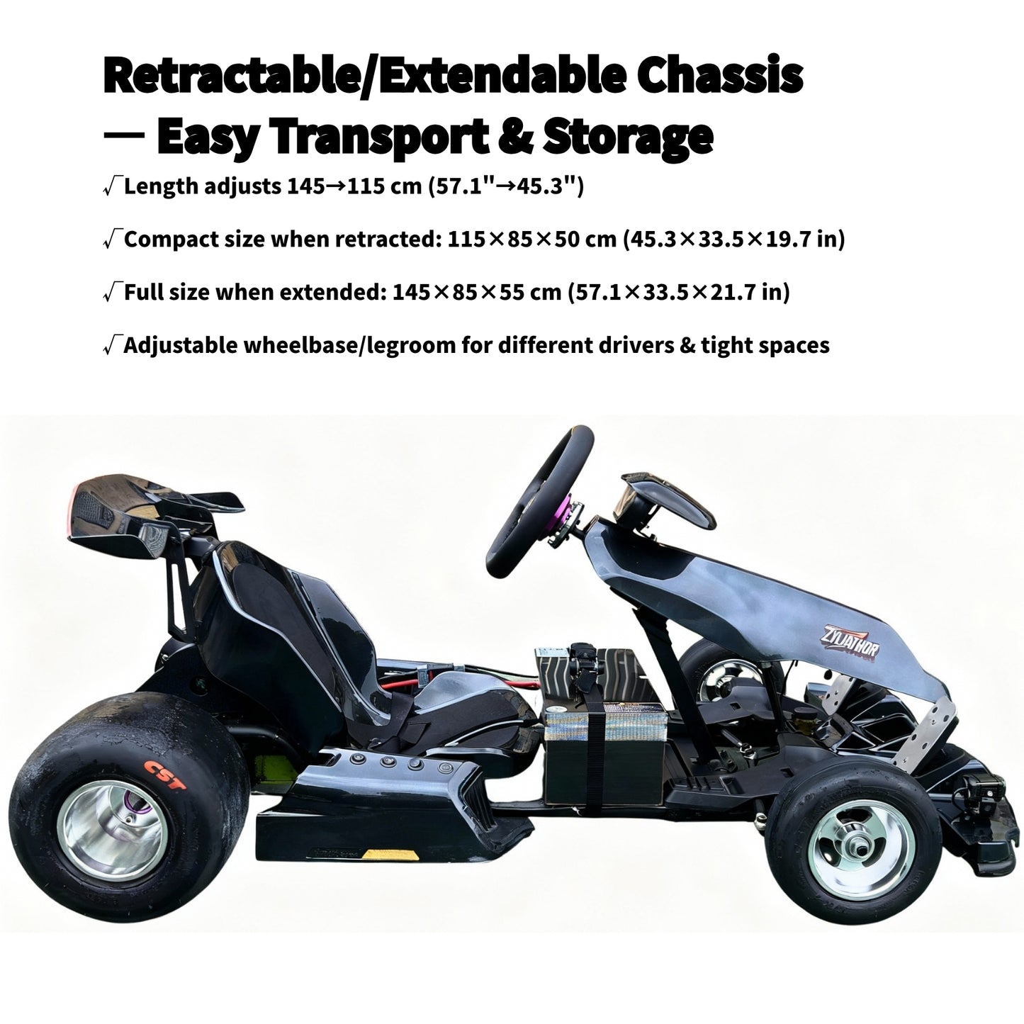 Zyliathor 3000W Mid-Mount Electric Racing Go-Kart, Peak 28kW, 18S 52Ah Battery, 72530 Controller,74.6 mph, Adjustable Chassis, 12" Quick-Release Wheel, Hydraulic Brakes, LED Display & Lights