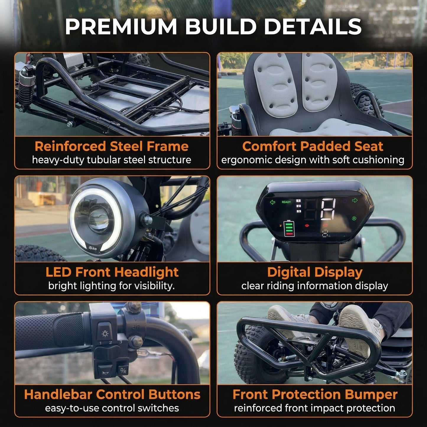 72V 3000W "Mountain Tiger"（Peak 10.8kW)Electric Off-Road Go Kart, 26Ah (37mi), 62mph, 6″/8″ AT Tires, Shaft Drive, 3-Speed+Reverse