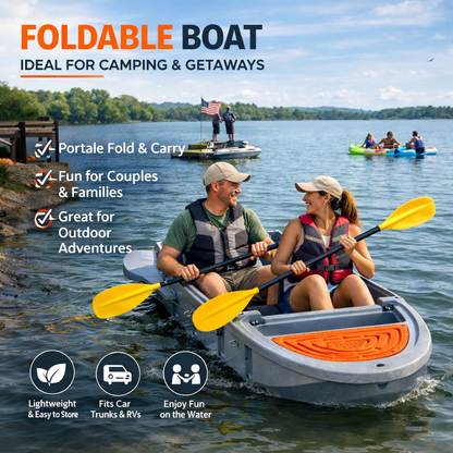 12.7 FT Modular Fishing Boat, PE Hard Hull Pontoon, 1200 lb Capacity, Up to 25HP Motor Ready, Portable Fishing Boat with Fish Box and Storage, Gray