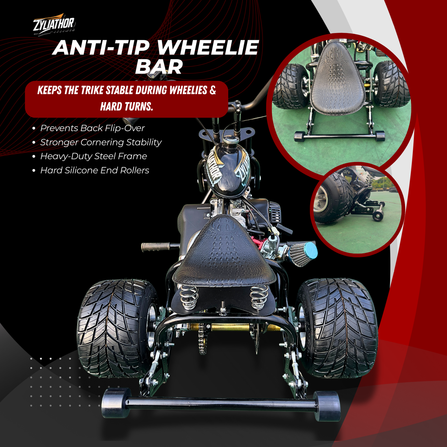 208cc Gas Mini Off-Road Trike Motorcycle CVT, 31MPH Drift Trike Bike, Rear Hydraulic Disc Brake, High-Carbon Steel Frame, Stabilizer Wheels, Muffler, Private Property Only