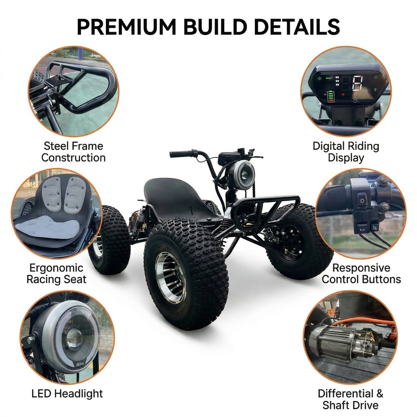 Adults & Kids Electric Off-Road Go Kart, 12-Mile Range, Brushless Peak 4000W, 31MPH, 3 Speed + Reverse, Shaft Drive Diff, AT19x7-8 Tires, Backyard/Private Trails, Beach/Sand