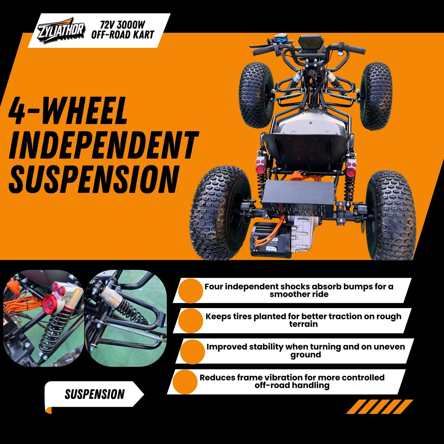 72V 3000W "Mountain Tiger"（Peak 10.8kW)Electric Off-Road Go Kart, 26Ah (37mi), 62mph, 6″/8″ AT Tires, Shaft Drive, 3-Speed+Reverse
