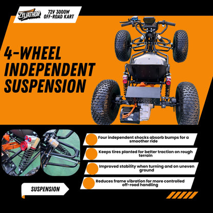 72V 3000W "Mountain Tiger"（Peak 10.8kW)Electric Off-Road Go Kart, 26Ah (37mi), 62mph, 6″/8″ AT Tires, Shaft Drive, 3-Speed+Reverse