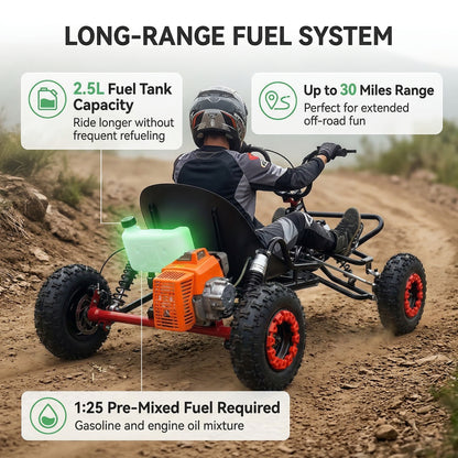 Adult & Kids Gas Go Kart, Up to 28MPH, Pull Start + Kill Switch, Hydraulic Disc Brake, 4-Wheel Independent Suspension, 6" All-Terrain Tires, Off-Road Kart for Backyard & Private Property Trails