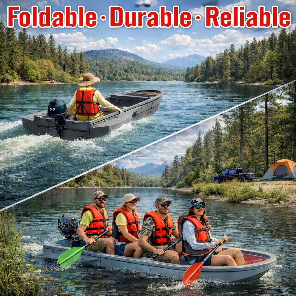 12.7 FT Modular Fishing Boat, PE Hard Hull Pontoon, 1200 lb Capacity, Up to 25HP Motor Ready, Portable Fishing Boat with Fish Box and Storage, Gray