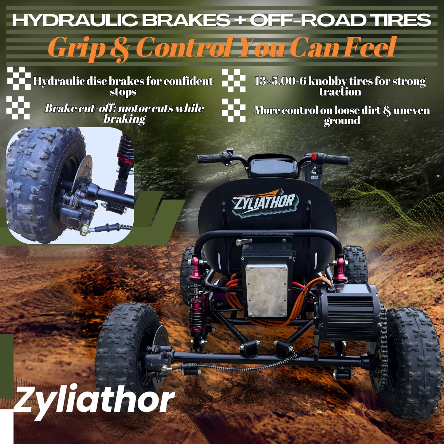 72V 3000W “Little Mountain Leopard” (Peak 25kW), 18S 52Ah, 75 mph,13x5.00-6 Tires,428 Chain