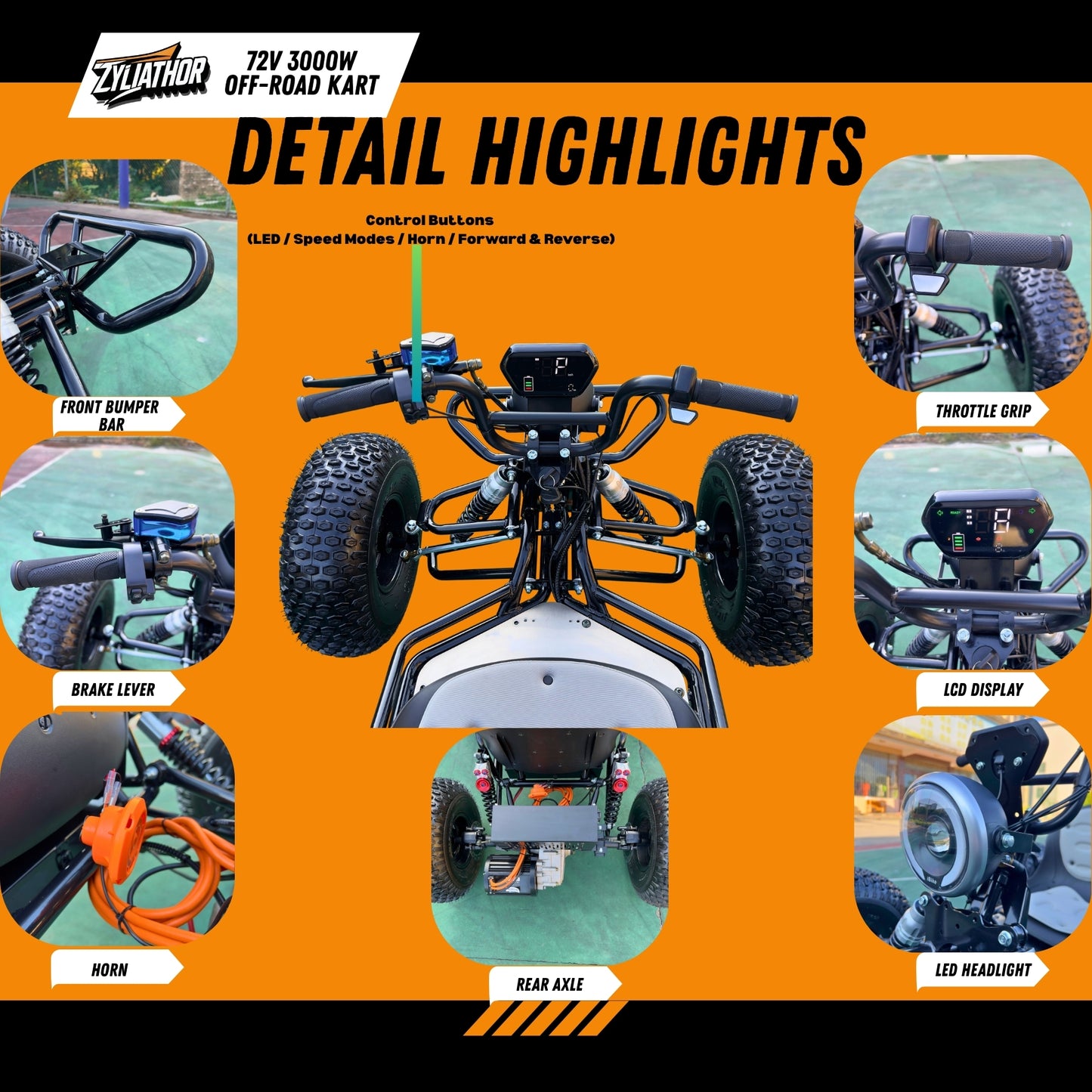 72V 3000W "Mountain Tiger"（Peak 10.8kW)Electric Off-Road Go Kart, 26Ah (37mi), 62mph, 6″/8″ AT Tires, Shaft Drive, 3-Speed+Reverse