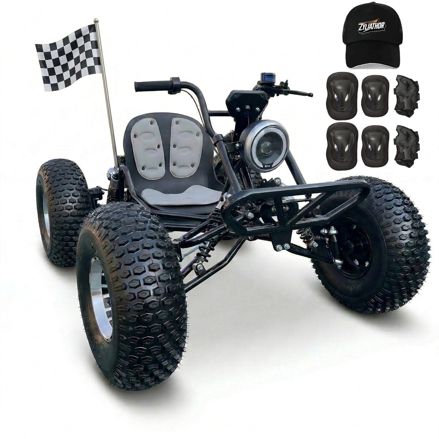 72V 3000W "Mountain Tiger"（Peak 10.8kW)Electric Off-Road Go Kart, 26Ah (37mi), 62mph, 6″/8″ AT Tires, Shaft Drive, 3-Speed+Reverse