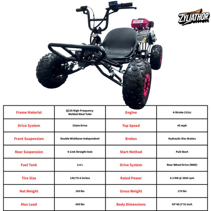 212cc Gas Off-Road Go Kart, 4-Stroke CVT, 6" All-Terrain Tires, Hydraulic Disc Brakes, Chain Drive, Steel Frame,  for Adults & Teens