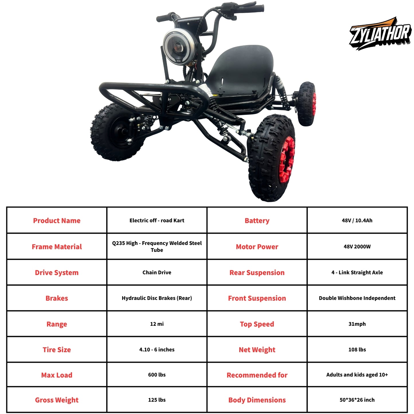 Electric Go Kart, Off-Road 48V 2000W 10.4Ah, Chain Drive, Hydraulic Rear Disc, Double-Wishbone/4-Link Suspension, 12-mi Range
