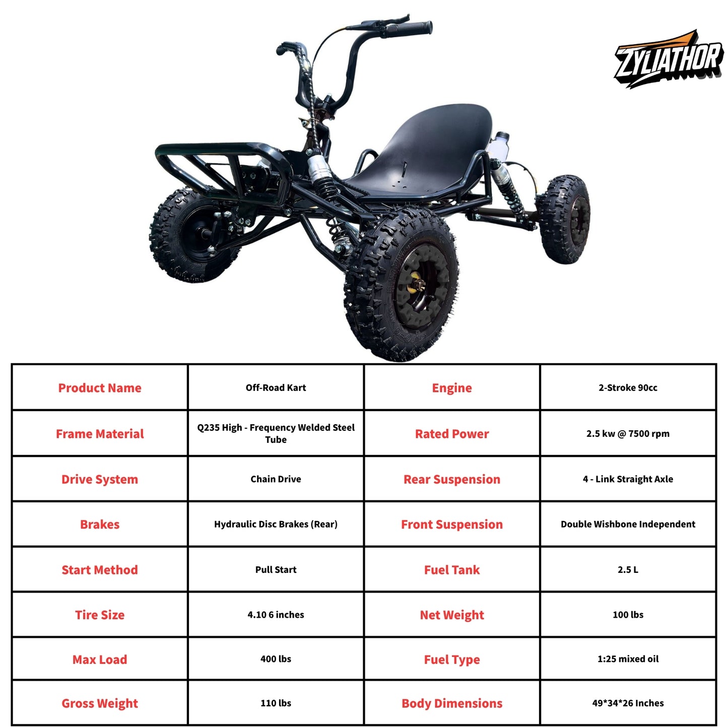 90cc Go Kart, 2-Stroke Gas Off-Road, Pull-Start, Hydraulic Disc Brakes, Chain-Drive RWD, Steel Frame, Double-Wishbone Front & 4-Link Rear