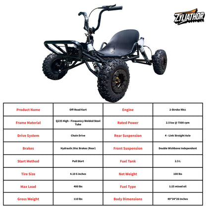 90cc Go Kart, 2-Stroke Gas Off-Road, Pull-Start, Hydraulic Disc Brakes, Chain-Drive RWD, Steel Frame, Double-Wishbone Front & 4-Link Rear