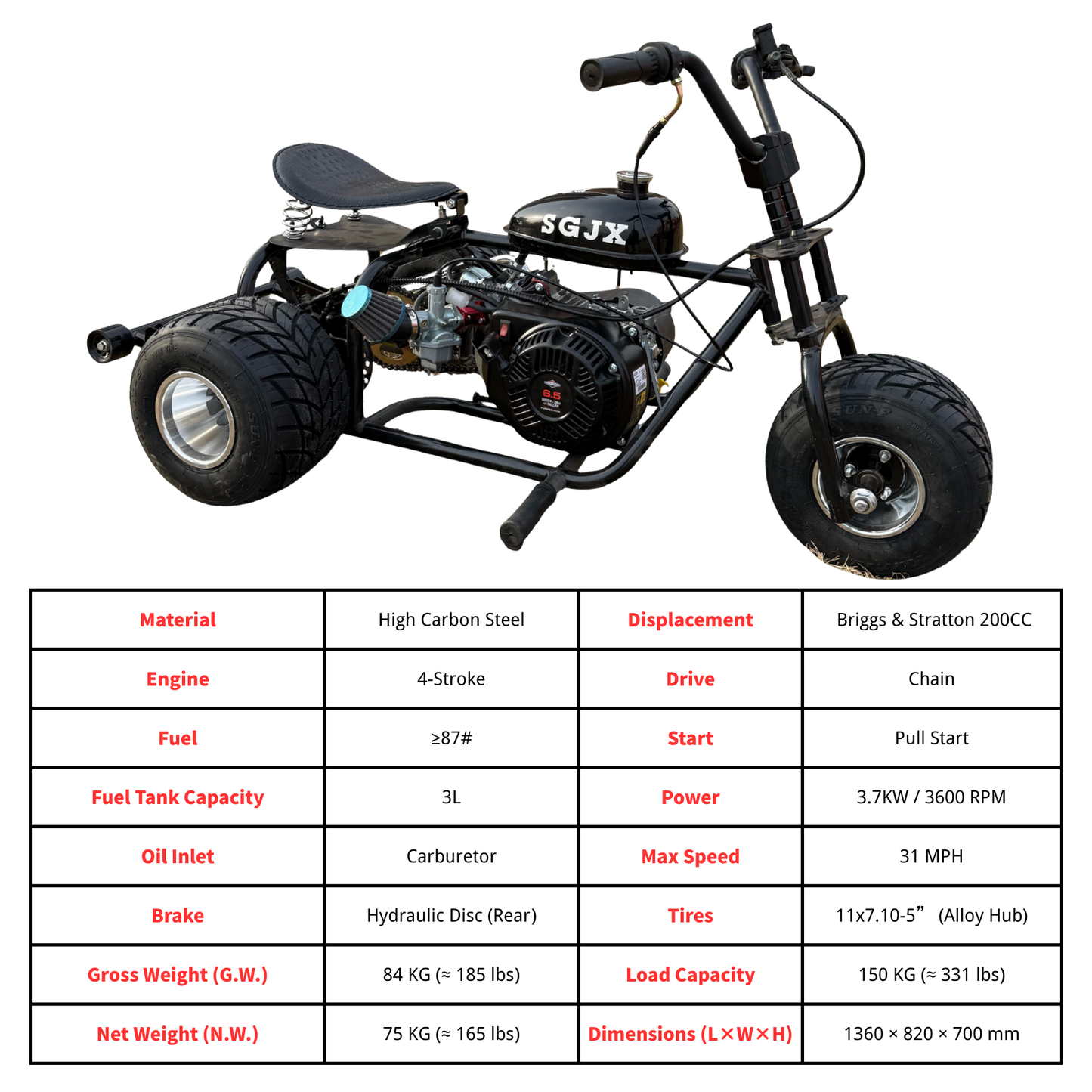 208CC 3-Wheel Off-Road Gas Powered Motorcycle – with 4-Stroke Briggs & Stratton Engine, CVT,Pull Start, Rear Disc Brake (Black)