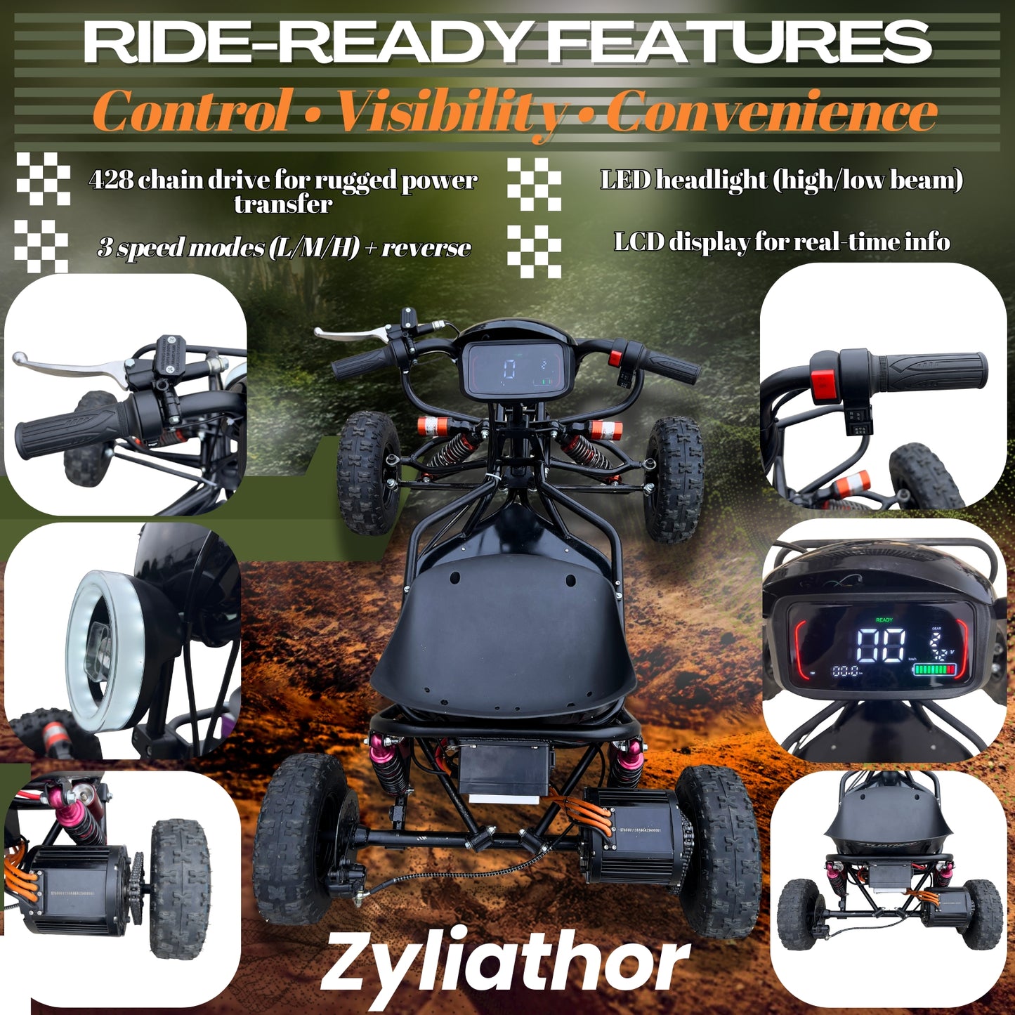 72V 3000W “Little Mountain Leopard” (Peak 25kW), 18S 52Ah, 75 mph,13x5.00-6 Tires,428 Chain