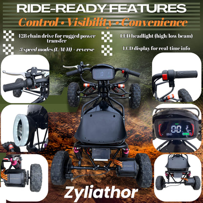 72V 3000W “Little Mountain Leopard” (Peak 25kW), 18S 52Ah, 75 mph,13x5.00-6 Tires,428 Chain