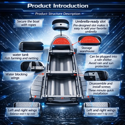 12.7 FT Modular Fishing Boat, PE Hard Hull Pontoon, 1200 lb Capacity, Up to 25HP Motor Ready, Portable Fishing Boat with Fish Box and Storage, Gray