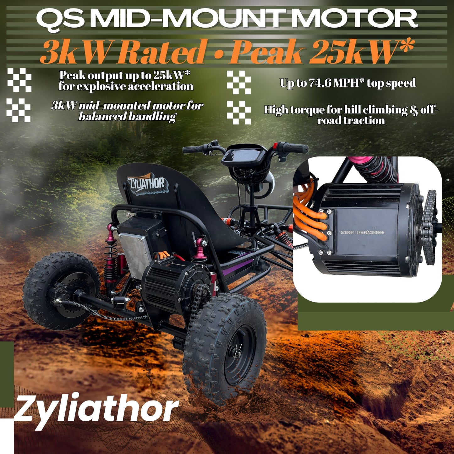 72V 3000W “Little Mountain Leopard” (Peak 25kW), 18S 52Ah, 75 mph,13x5.00-6 Tires,428 Chain