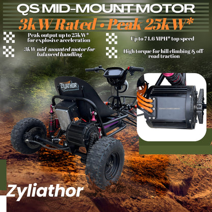 72V 3000W “Little Mountain Leopard” (Peak 25kW), 18S 52Ah, 75 mph,13x5.00-6 Tires,428 Chain