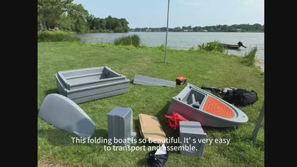 12.7 FT Modular Fishing Boat, PE Hard Hull Pontoon, 1200 lb Capacity, Up to 25HP Motor Ready, Portable Fishing Boat with Fish Box and Storage, Gray